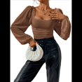thumbnail image 3 of Blusa Corta de Larga con Cuello Cuadrado y Mangas Abullonadas para Mujer Marrón Oscuro L, 3 of 10