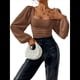 thumbnail image 3 of Blusa Corta de Larga con Cuello Cuadrado y Mangas Abullonadas para Mujer Marrón Oscuro M, 3 of 10