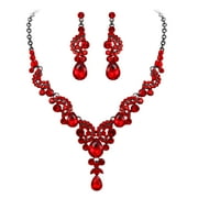 Wedure Costume Jewelry for Women, Art Deco Crystal Floral Wave Teardrop Pendant Necklace Dangle Earrings Set Red Black-Tone