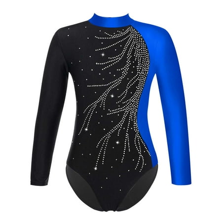 Sholeno Kids Girls Shiny Diamonds Ballet Dance Leotard Gymnastics Ballerina Mock Neck Long Sleeve Ice Royal Blue 16
