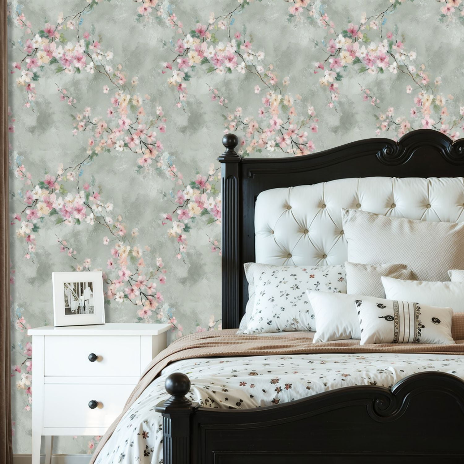 Vintage Peel and Stick Wallpaper 23.6in x 9.8ft Soft Pastel Blossom Floral Pink White Flowers Light Gray Contact Paper Vinyl Waterproof Self Adhesive Wall Paper for Bedroom Shelf Cabinet