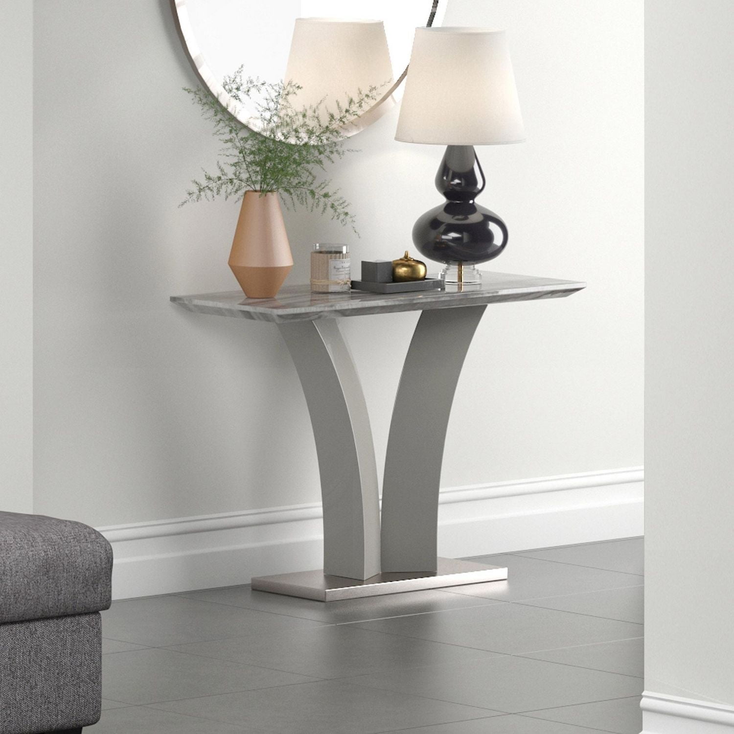 Contemporary Faux Marble & Stainless Steel Console Table in Grey