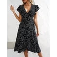 thumbnail image 4 of Women'S Polka Dots Short Sleeve V Neck Wrap Dress Tie Side Ruffle Midi Dresses Black L, 4 of 8