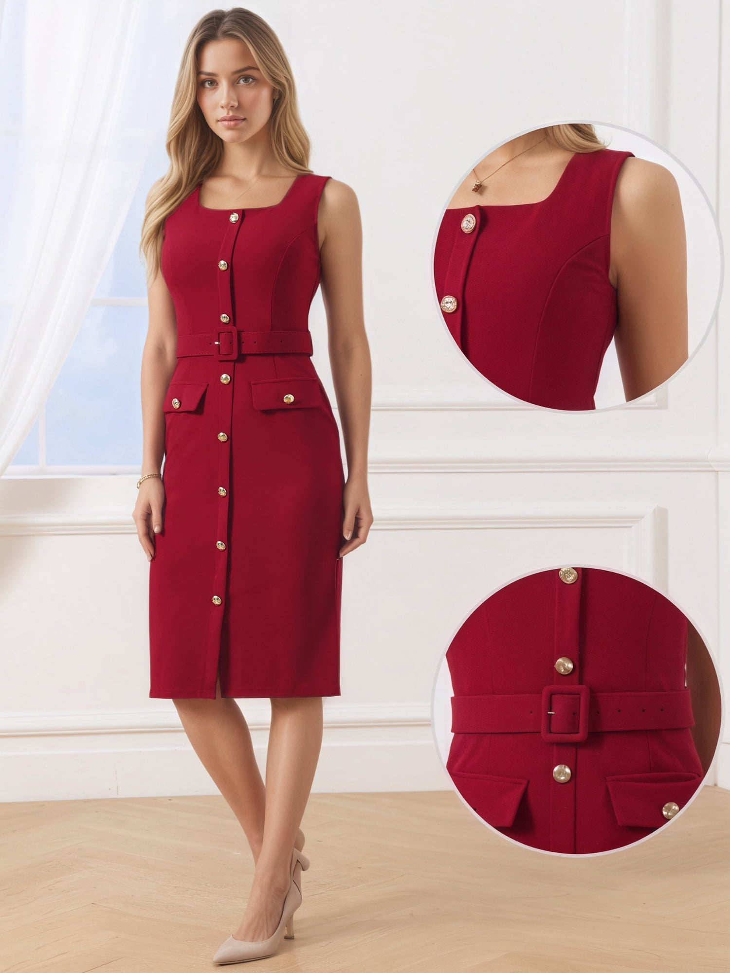 DARING DIVA Women's Sleeveless Square Neck Belted Bodycon Work Business Dress S Red