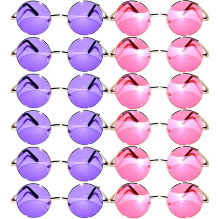 Round Retro Hipster Vintage Circle Style Tint Sunglasses Metal Spring Hinge Silver Frame Purple Pink Lens OWL (12 Pack)