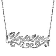 Personalized Women's Rhodium or Gold Plated Diamond Cut Script Nameplate Necklace with Swirl