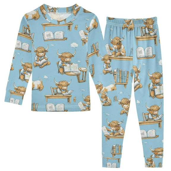 joogoo Highland Cattle Reading 2 Piece Long Sleeve Tee and Pants Cotton Pajama Set 5Y