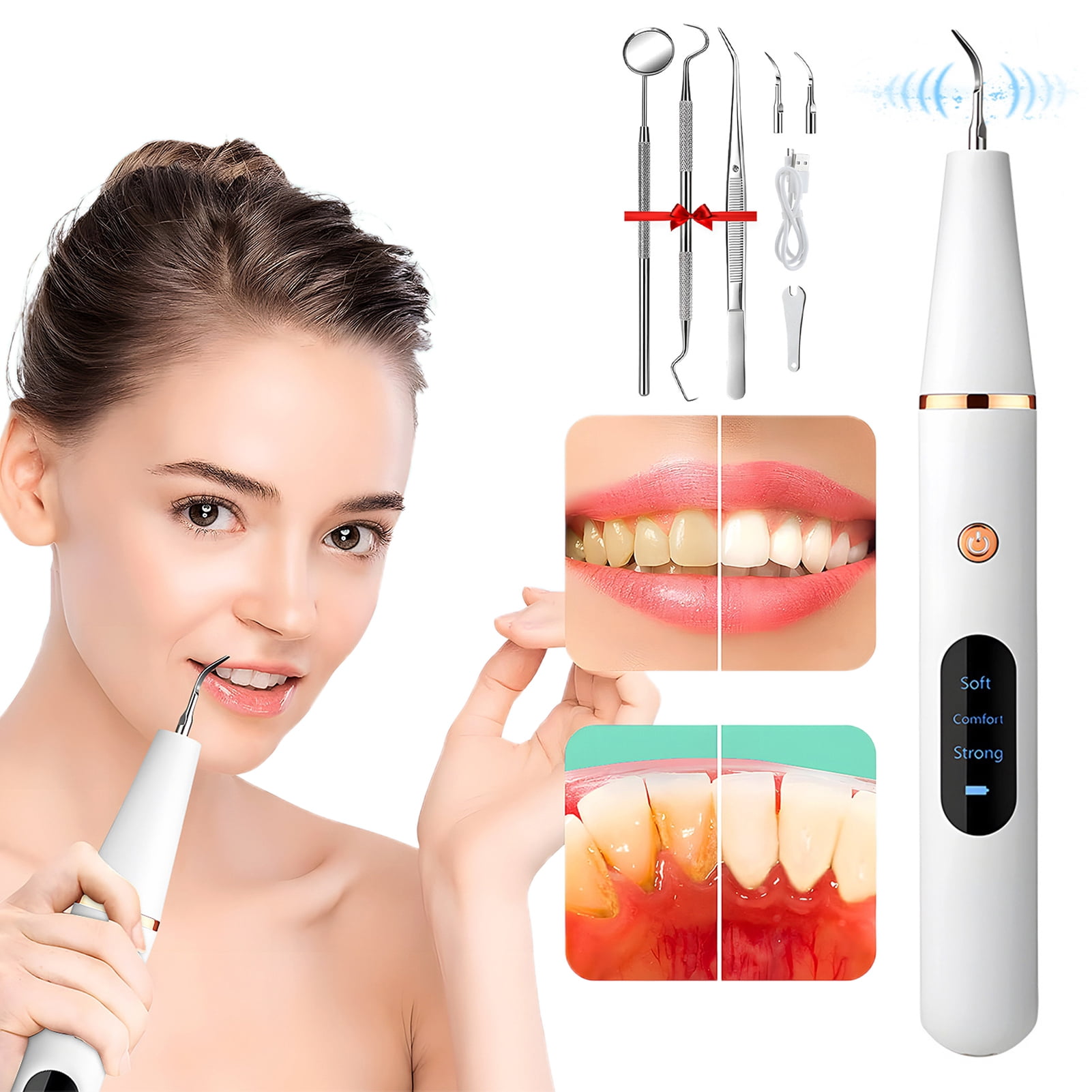 GZCW Ultrasonic Teeth Plaque Remover Portable Electric Dental Scaler USB Rechargeable Dental Calculus Removal Device Tartar Eliminator Teeth Cleaning Tools