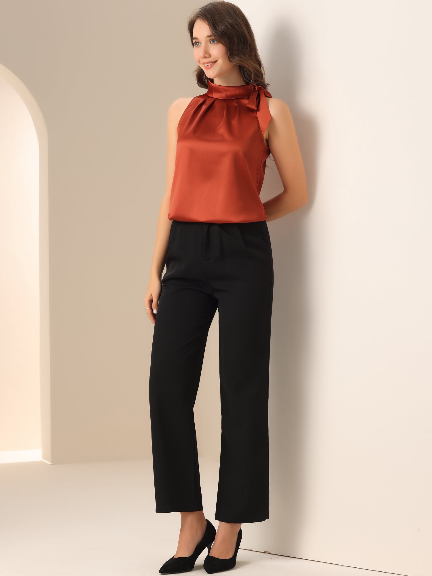 DARING DIVA Bow Tie Neck Solid Work Blouse Top M Red