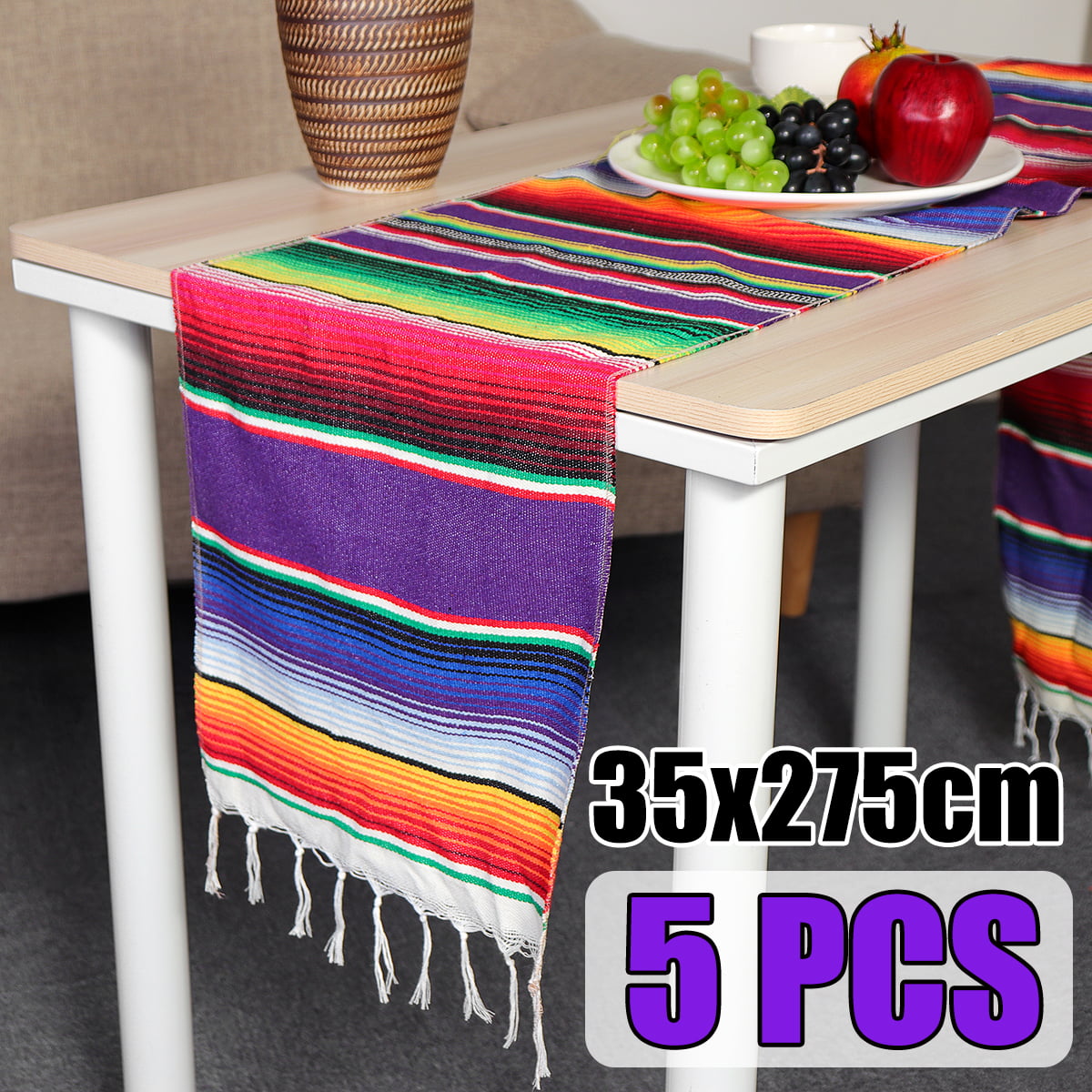 5PCS Mexican Serape Tablecloth Fringe Cotton Table Runner for Party Wedding 