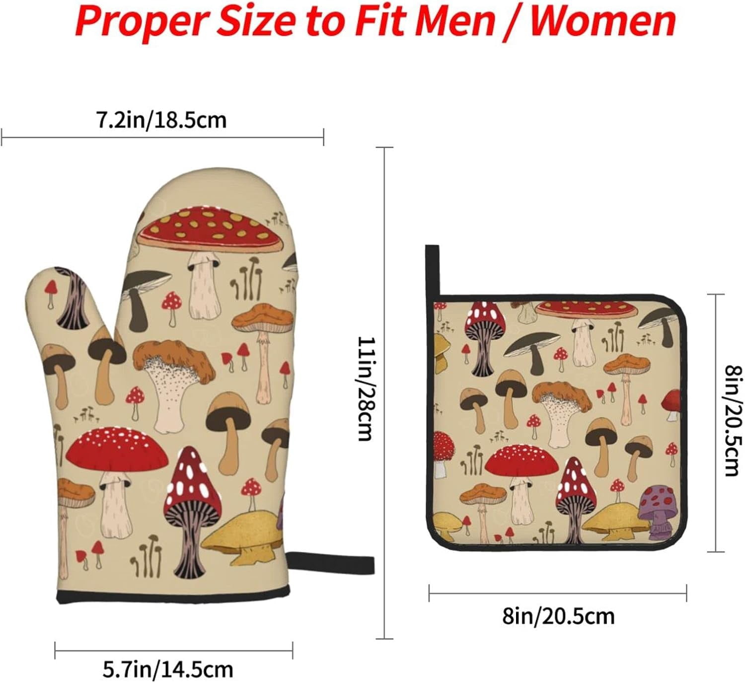 Various Mushroom Art Oven Mitts and Pot Holders Sets of 4 High Heat Resistant Oven Mitts with Oven Gloves and Hot Pads Polyester Potholders for Kitchen Baking Grilling BBQ Non-Slip Cooking Mitts
