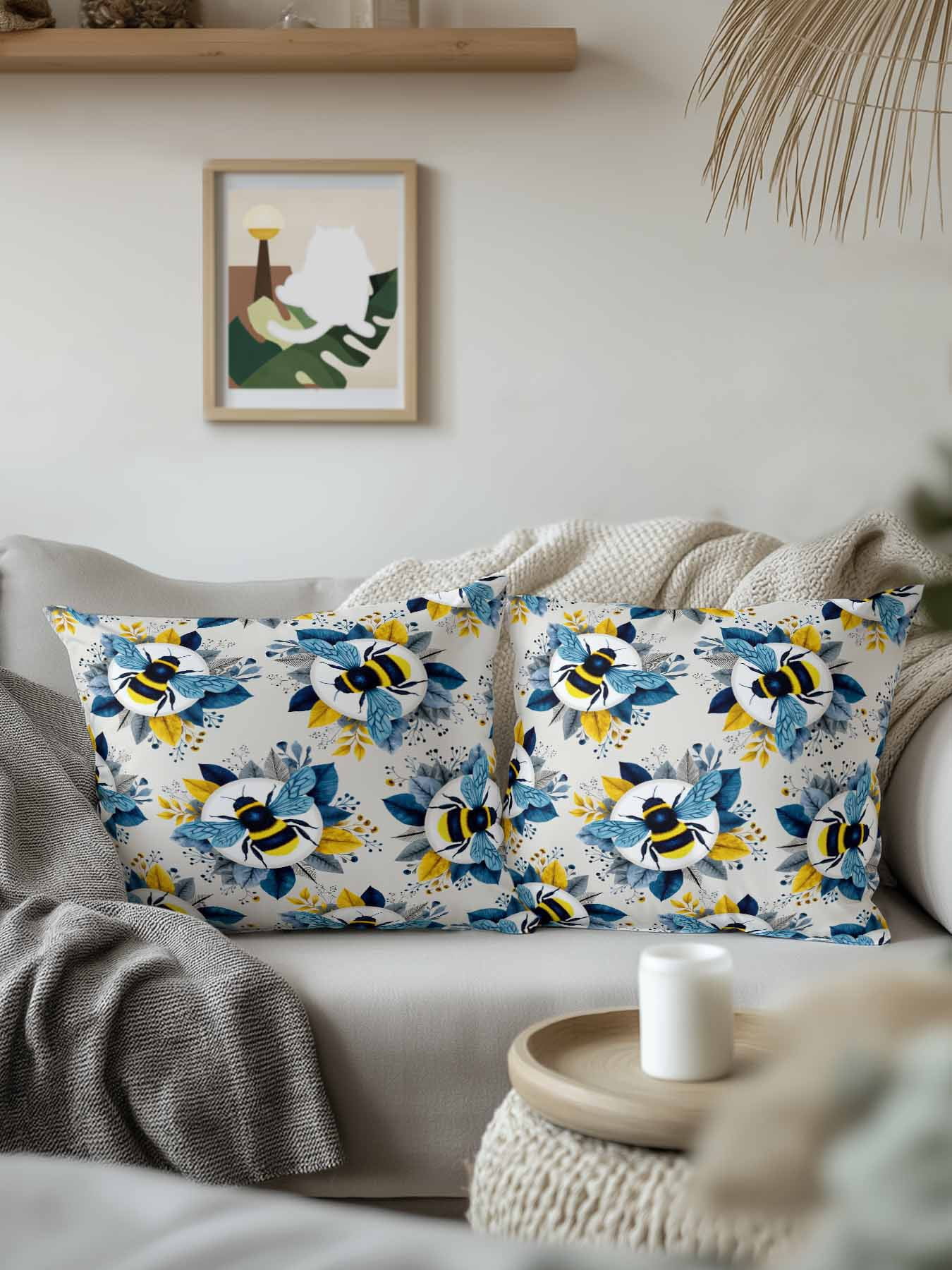 1 Pack Outdoor Throw Pillow, Gray Bees Farmhouse Waterproof Pillow with Insert Included, Spring Summer Botanical Flowers Decorative Accent Cushion Sofa Pillows for Patio Porch, 18 x 18 In