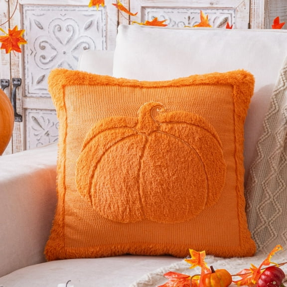 1pcs Pumpkin Fall Orange Throw Pillow Covers 18 x 18 Soft Plush Couch Sofa Pillows Cushion Covers Cases for Autumn Harvest Farmhouse Halloween Home Decorations