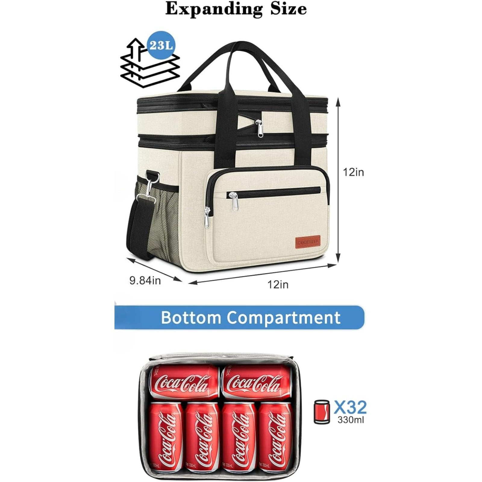 Large Expandable Insulated Lunch Bag for Men, 23L Double Deck Cooler with 4 Ice Packs & 2 Storage Bags