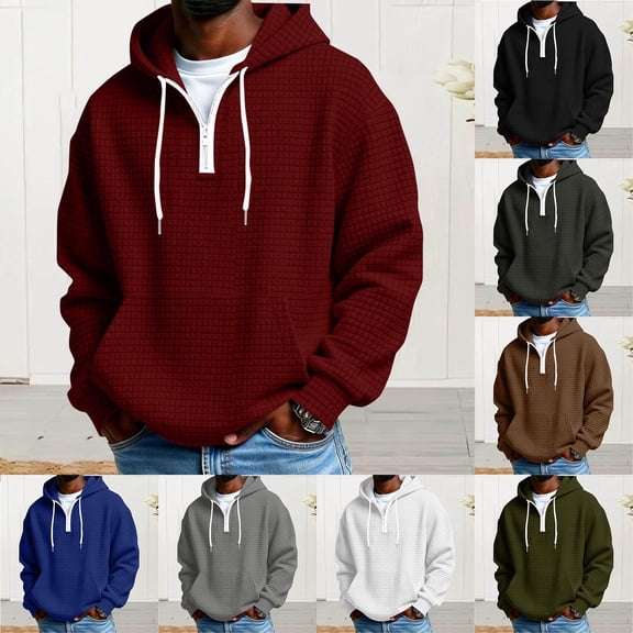 RYDCOT Men's Quarter Zip Hoodie Waffle Knit Hooded Sweatshirt Loose Fit Casual Long Sleeve Pullover Workout Jackets with Pockets White