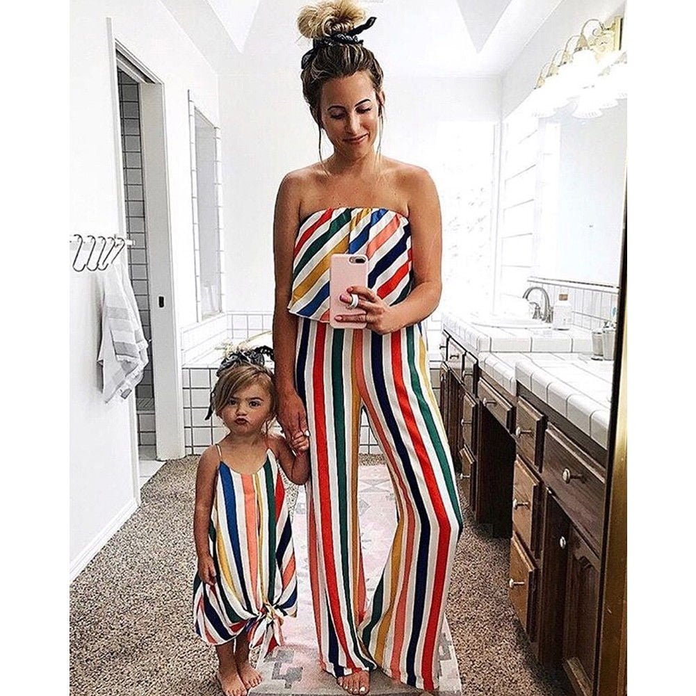 Honganda Family Matching Women Girls Mother And Daughter Striped Dresses Outfits Clothes Onesize