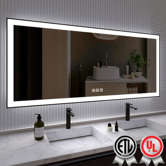72x32 Inch Rectangular Framed LED Anti-Fog Wall Bathroom Vanity Mirror in Black with Backlit and Front Light