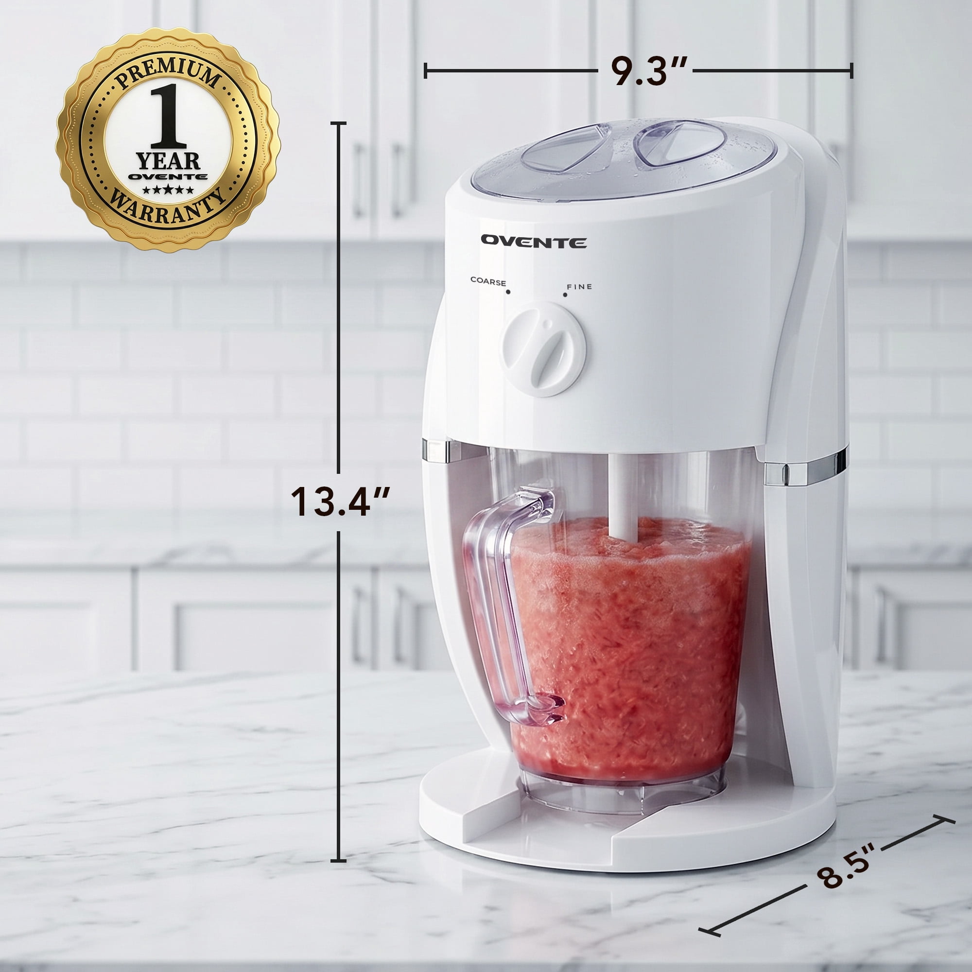 OVENTE Electric Shaved Ice Machine, 2 Shaving Settings, 45W, White ICR2037W | With Blending Jar/Serving Pitcher, Easy-to-Use Slushy & Snow Cone Maker for Homemade Treats, Frozen Cocktails & More