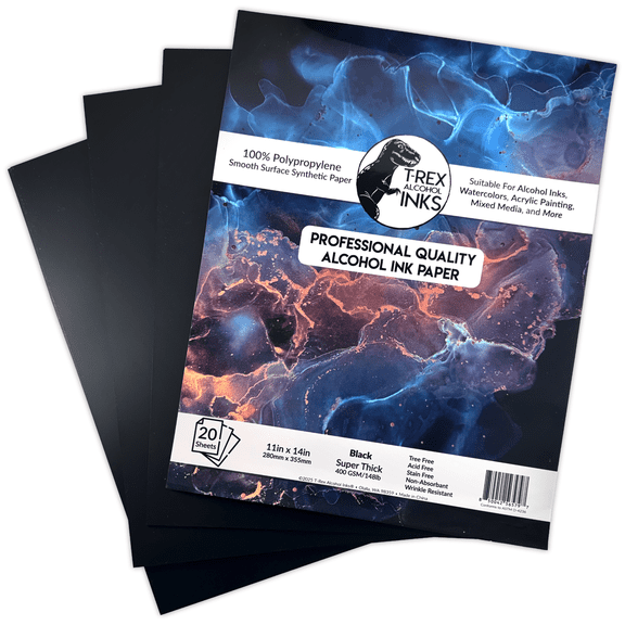 T-Rex Inks Black Alcohol Ink Paper - 20 Satin-Finish Sheets, Studio-Sized 11x14 inches, Extra Durable & Heavy Synthetic Waterproof Paper for Painting & Mixed Media Art Projects