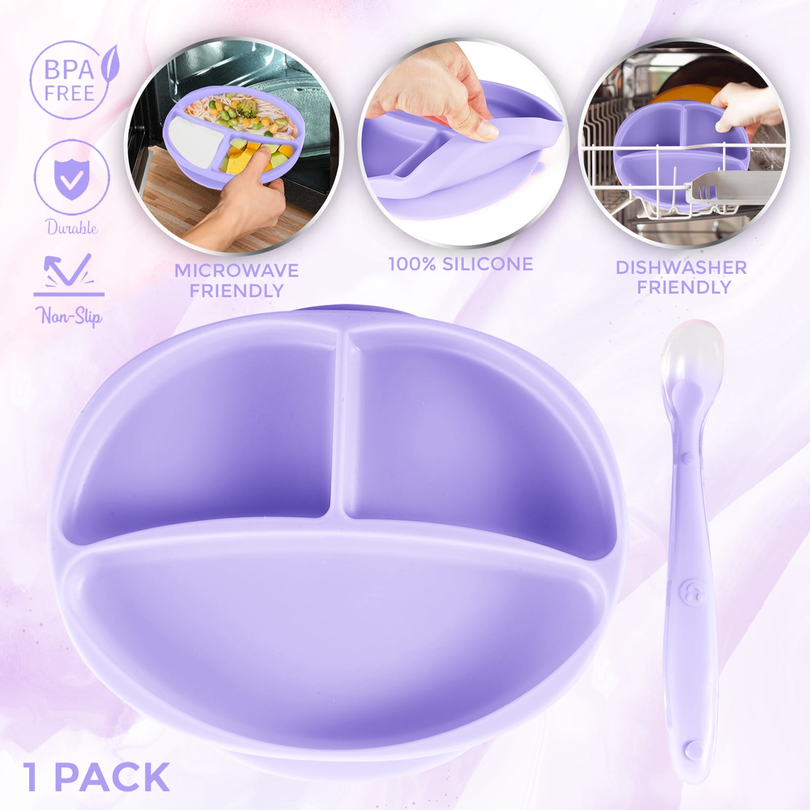 Baby Self-Feeding Suction Plate – Grip Dish, Food-Grade Silicone Suction Plate for Weaning Babies, BPA-Free (Lavender)