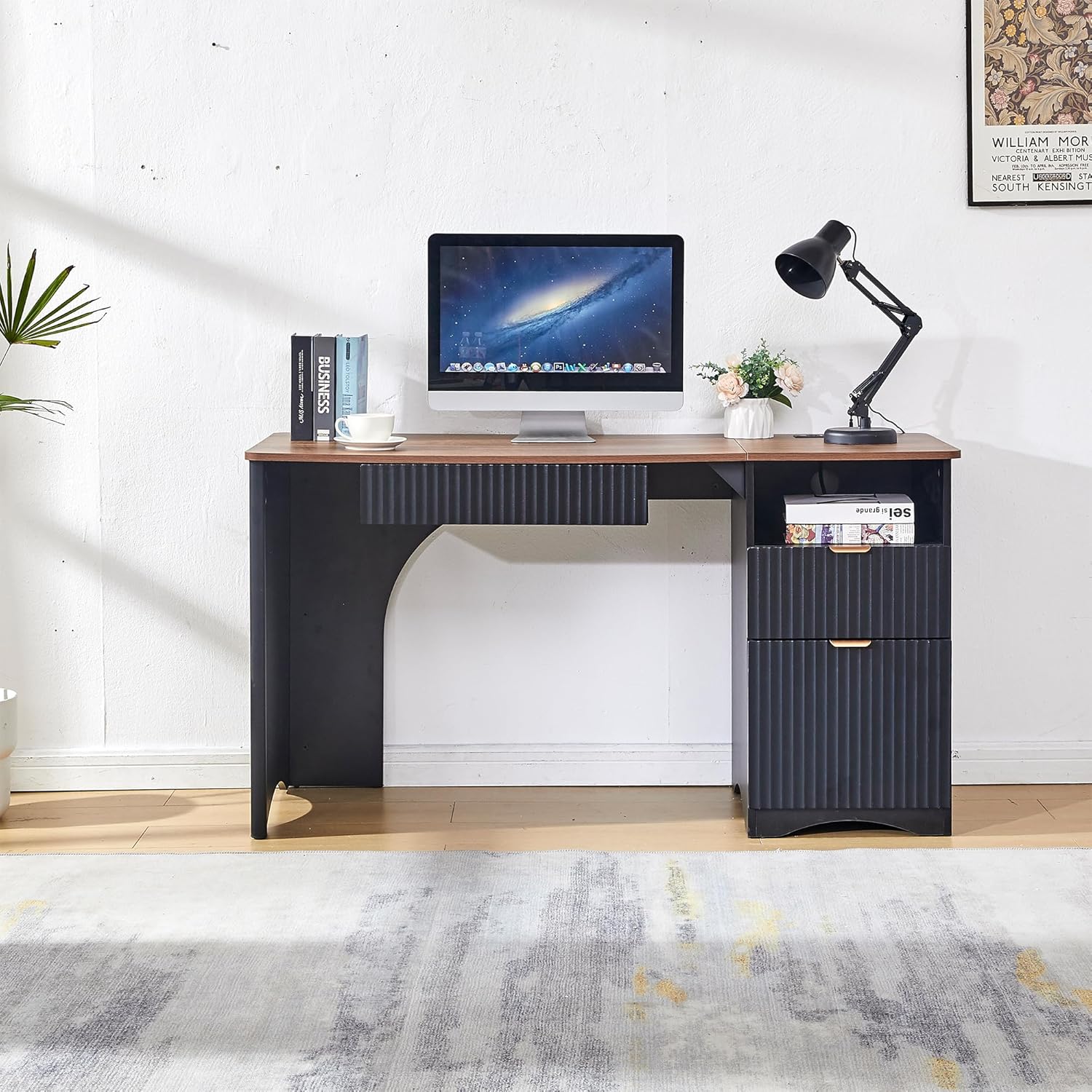 55" Computer Desk with Keyboard Tray, Modern Office Desk with Power Outlets, 2-in-1 Main Drawer & Adjustable File Drawer, Fluted Design Home Office Desk (Walnut with Black)