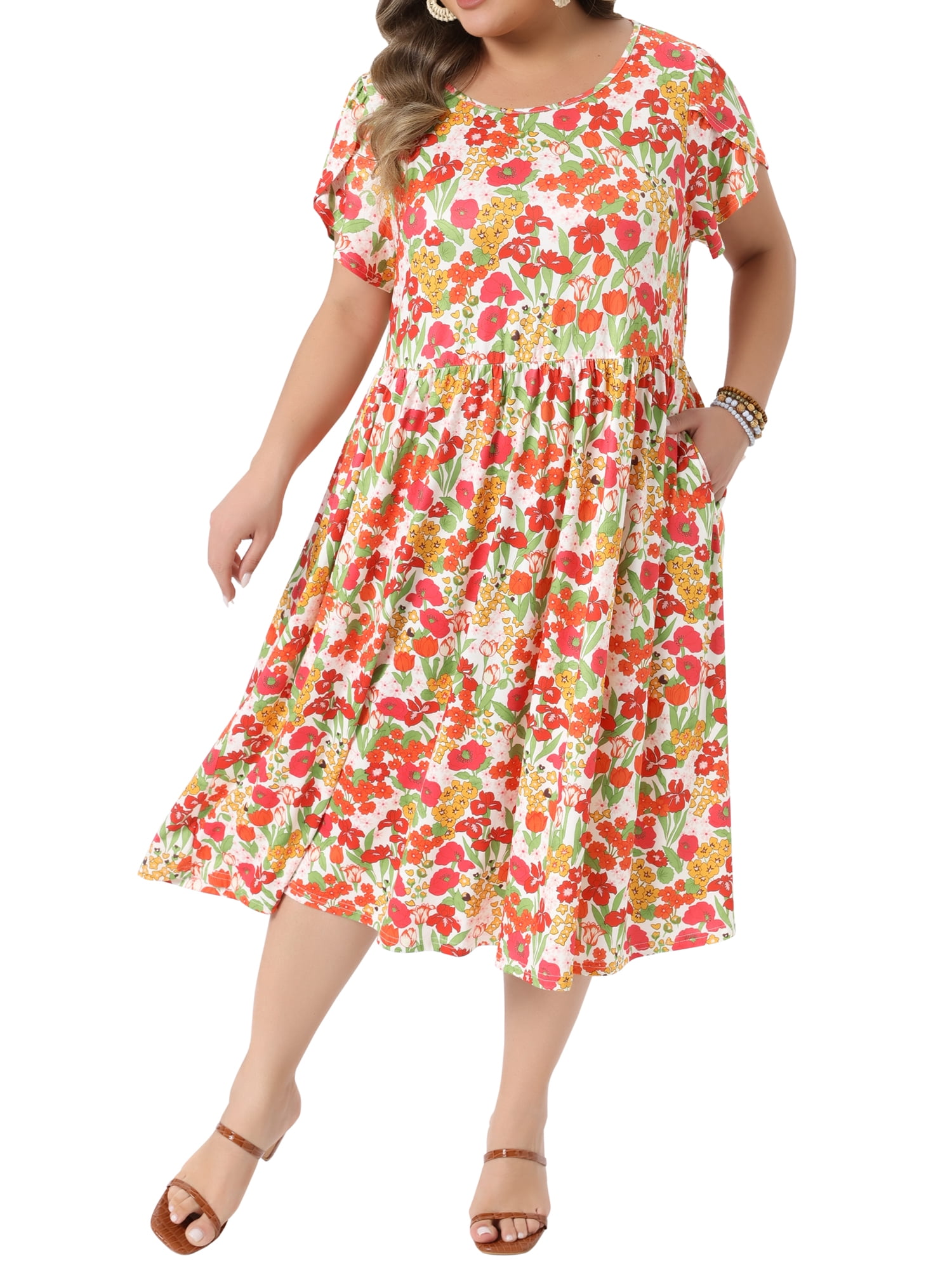 DARING DIVA Women's Plus Floral Print Crew Neck Tulip Midi Dress 3X White Red