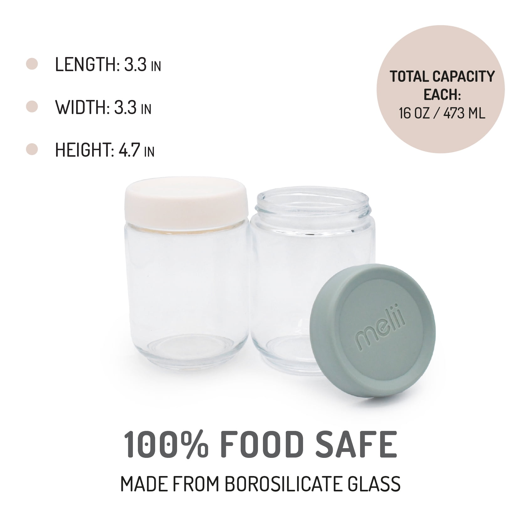 Melii Glass Overnight Oats Food Storage Container Set, 2 Pack, Ivory and Sage