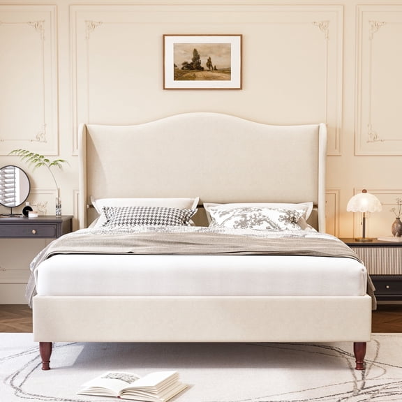 Neche Queen Upholstered Platform Bed Frame - 51" Tall Curved Wingback, Soft Fabric, Retro Sleigh Style, No Box Spring Needed, Easy Assembly, Beige