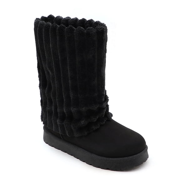 Women Vertical Ribbed Mid Calf Snow Boots, Warm Lined Slip On Winter Boots, Platform Sole Casual Boots for Indoor Outdoor Daily Wear