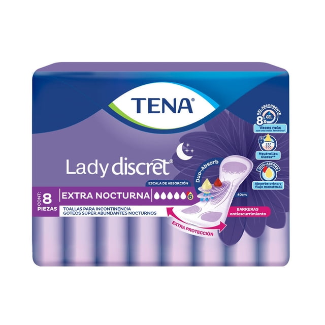 Toallas para incontinencia Tena Lady Discret extra nocturna 8 pzas
