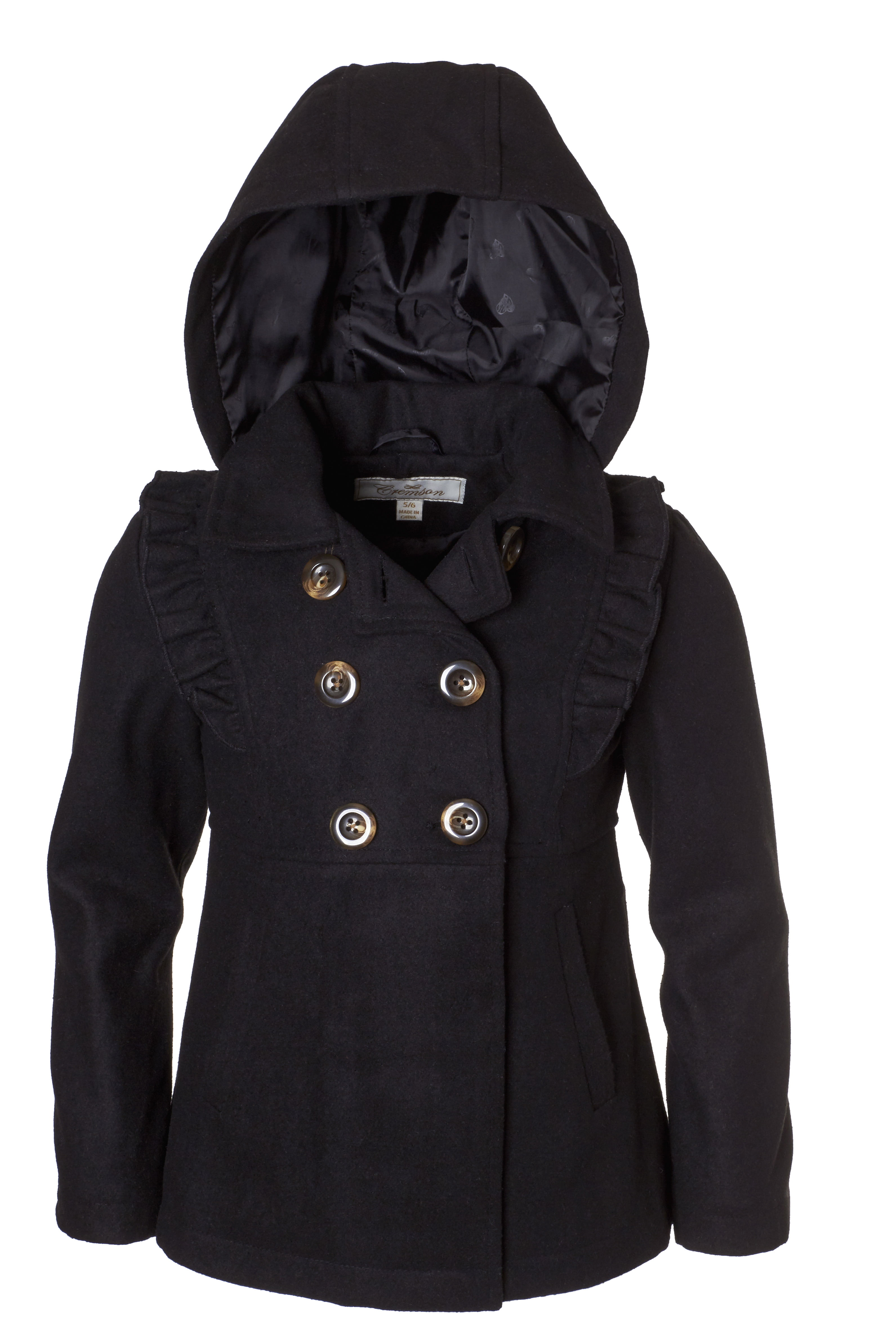 Cremson Girls' Wool Blend Hooded Ruffle Winter Dress Pea Coat Jacket