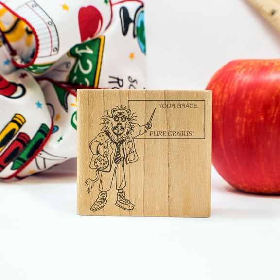 Your Grade/Pure Genius Art Rubber Stamp, Laser Engraved Craft Stamp on Wood Mounted Block, Size 1-3/4” x 1-3/4”, Made in USA