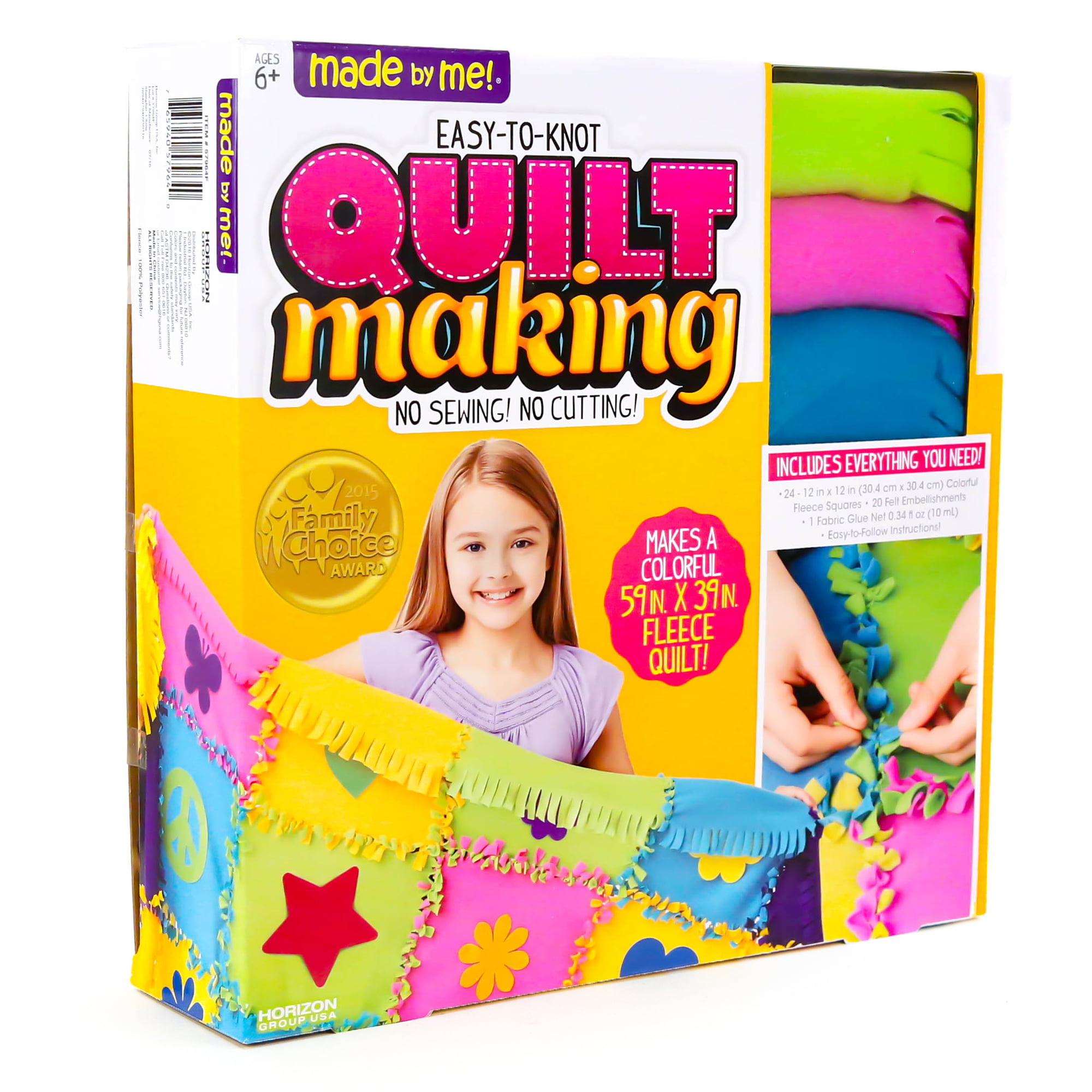 Made By Me Easy to Knot Quilt Making Kit by Horizon Group USA, No Sewing,  No Cutting, 59 in. x 39 in. Fleece Blanket, Pre-Cut Squares & Felt Decals