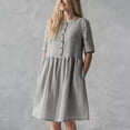 thumbnail image 2 of Robe d'Été pour Femmes en Coton et Lin Uni à Manches Courtes, Boutonnée, Col Ras du Cou, Robe Décontractée Plissée, Ample et Fluide, Robe de Plage avec Poches, 2 of 7