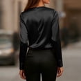 thumbnail image 5 of Babysbule Women's Satin V Neck Long Sleeve Blouse, Elegant Draped Front Casual Top for Office Party & Daily Wear, 5 of 7
