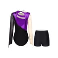 thumbnail image 2 of TSSOE Womens Gymnastics Leotards Metallic Contrast Color Long Sleeve Bodysuit with Shorts Purple XL, 2 of 5