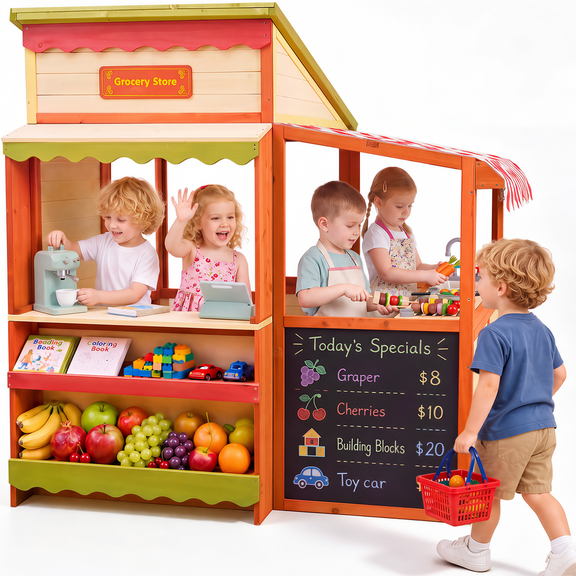 Patbrela Wooden Playhouse for Kids Outdoor Indoor, 3-in-1 Grocery Store, Double-sided Chalkboard, Play Kitchen, Large Internal Space, Gift for Kids