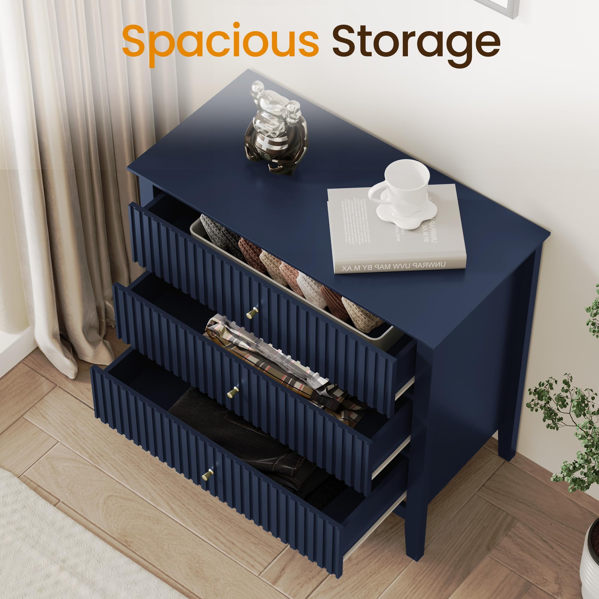 May in Color Large 3 Drawer Dresser Set of 2, Fluted Modern Tall Nightstand for Bedroom Living Room Entryway, Blue