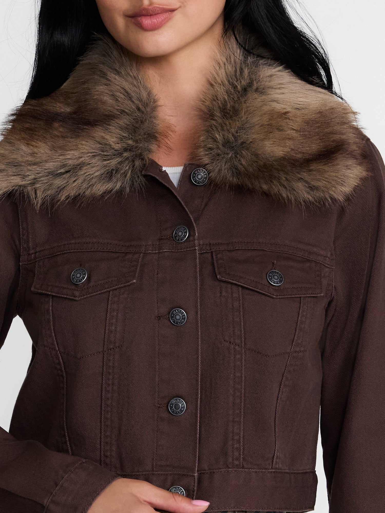 Madden NYC Women's Cropped Denim Jacket with Faux Fur Collar, Sizes XXS-XXL