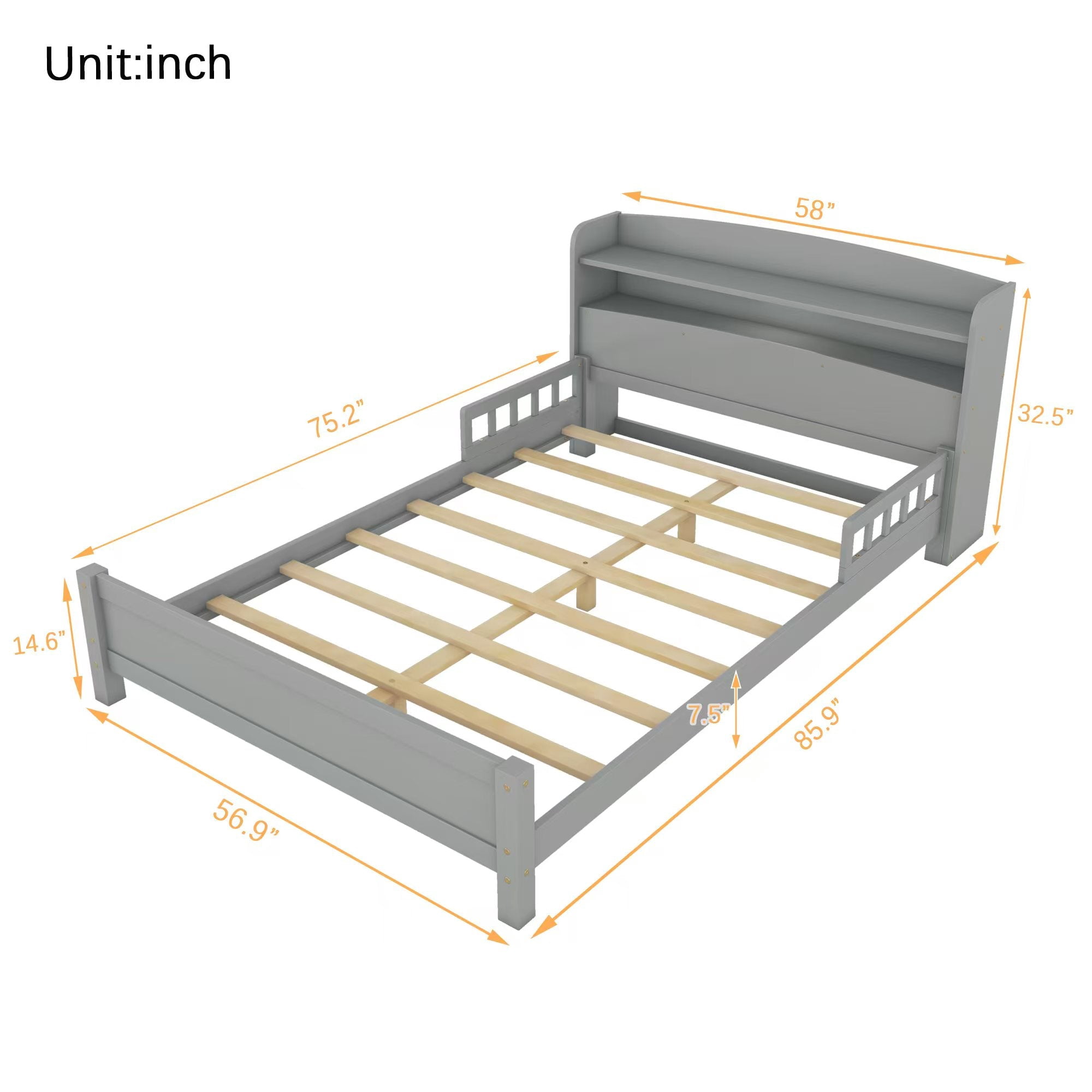 Sailvan Full Pine Wood Bed with Bookcase Headboard, LED Motion Sensor Light & Bed Guardrails