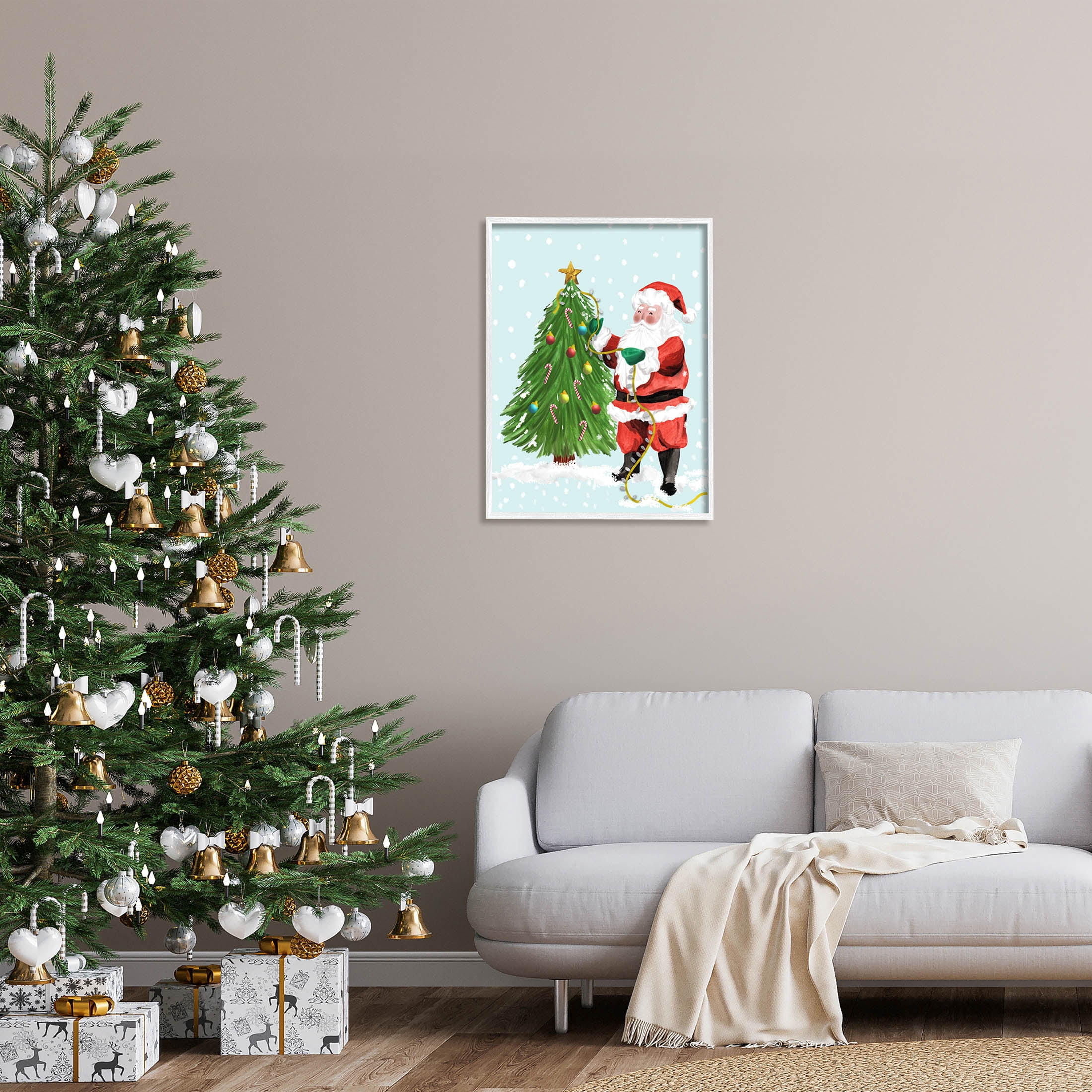 Snowy Santa Claus Tree Scenery Holiday Graphic Art White Framed Art Print Wall Art