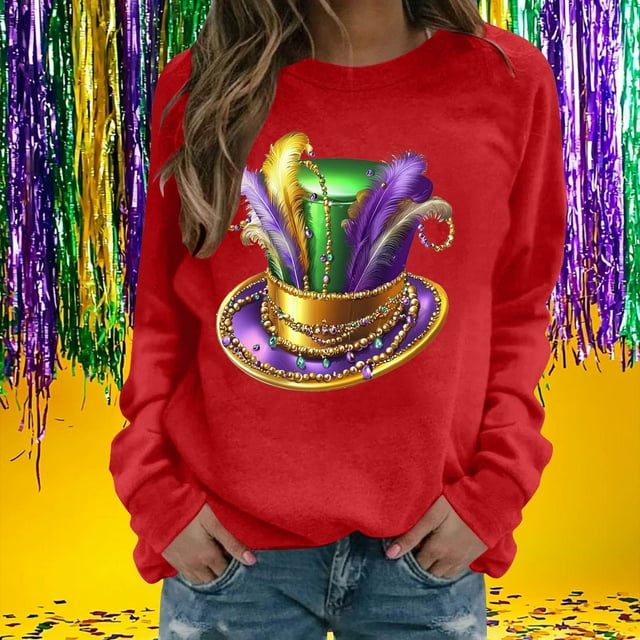 Xuyuer Women's Carnival Printed Long Sleeved Round Neck Mardi Gras Sweatshirt Carnival Outfits Women Carnival Sweatshirts Fat Tuesday Fashionable Pullover Tops