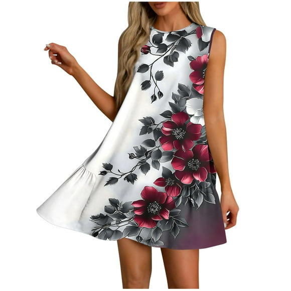 VEKDONE Women Summer Casual Non Positioning Floral Printed Side Pleated Round Neck Sundress Multicolor L