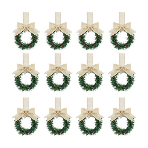 12 Pcs Christmas Kitchen Cabinet Wreaths with Ribbon 5.12 Inch Mini Christmas Wreath Small Kitchen Wreath Greenery Wreath for Window Door(White)