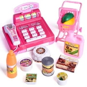 12PCs Cash Register Toys with Realistic Actions and Sounds, Pretend Play Toys for Girls, Play Store Toys for Kids F-28