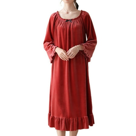 

Homgro Women s Long Sleeve Nightgown Velvet Sleep Dress Ruffle Crew Neck Mid-length Nightdress Pleated Pink X-Large