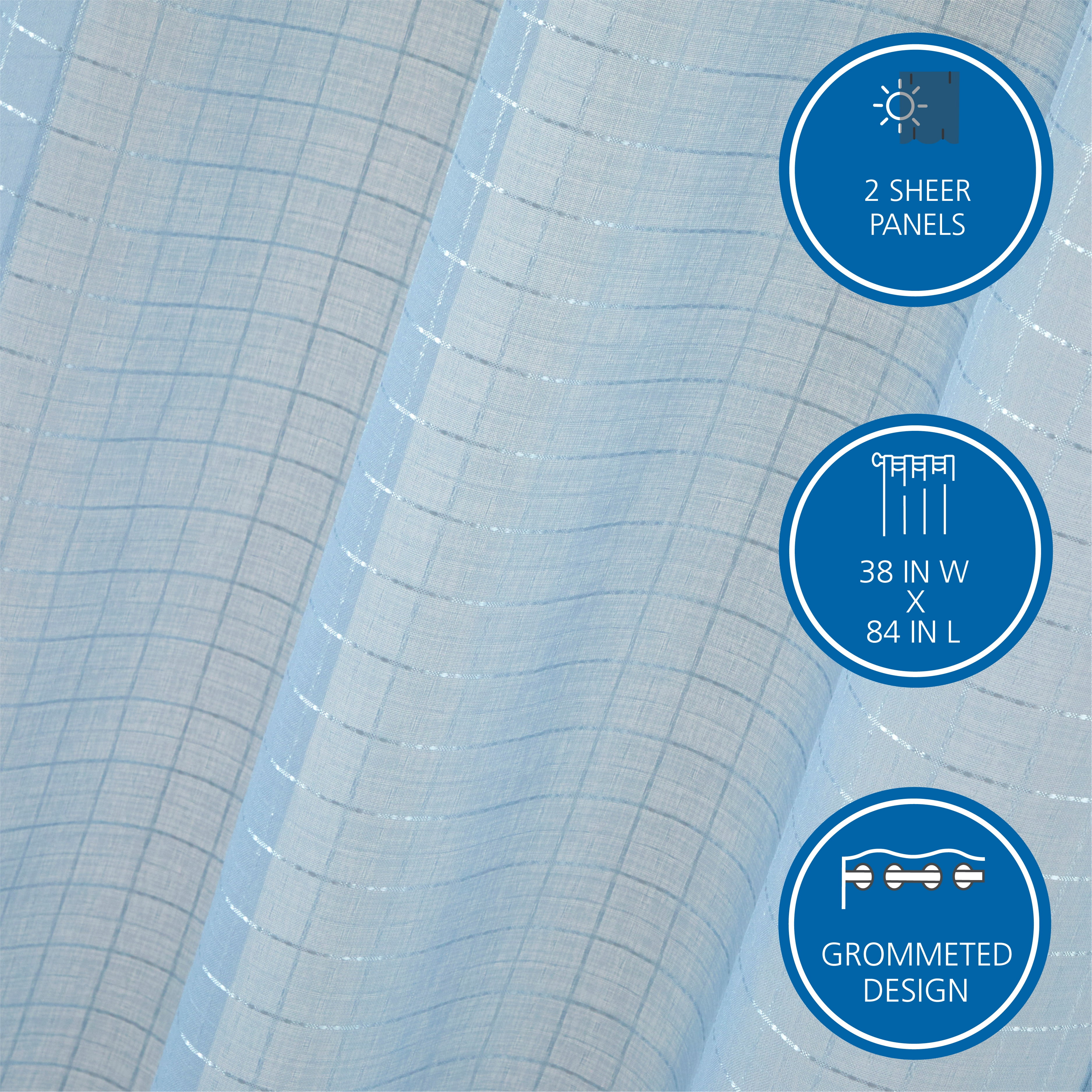 Mainstays Windowpane Sheer Curtain Panel Pair, Set of 2, Placid Blue, 38"W x 84"L