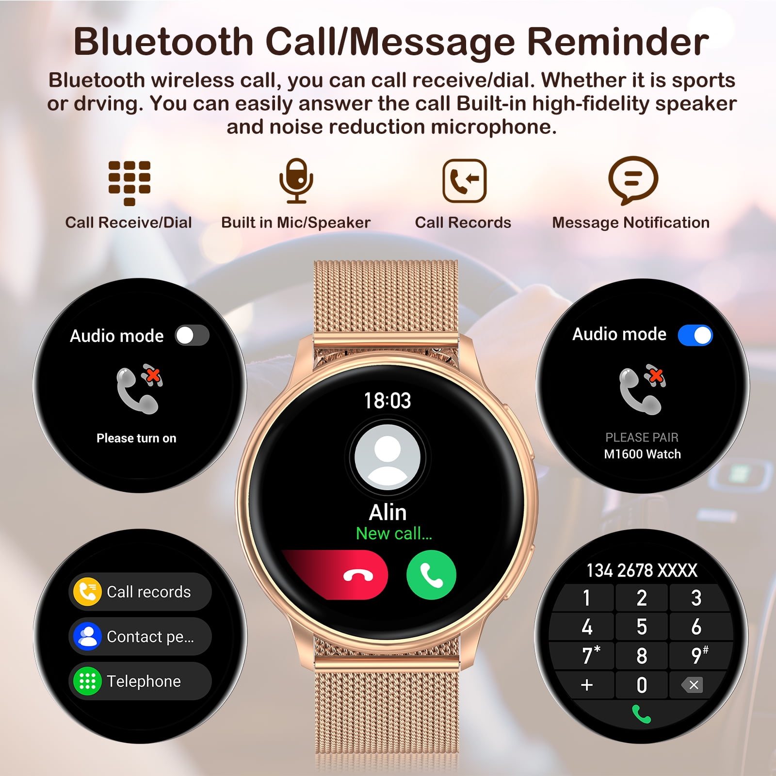 ZKCREATION Smart Watch Call Receive/Dial Watches for Women Men, Waterproof Smartwatch for Android iOS iPhone Phones with Text and Call,Gold
