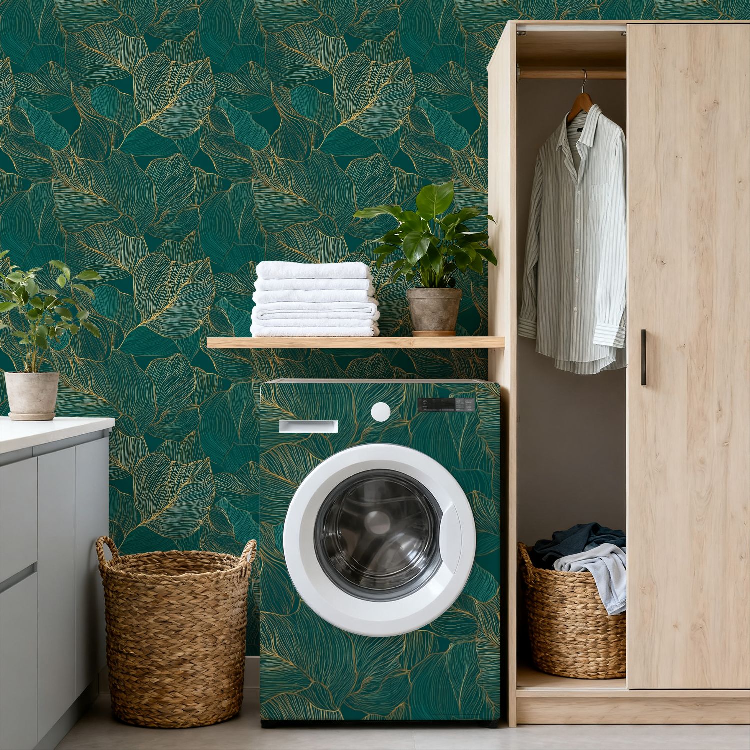Peel and Stick Wallpaper 17.7in x 9.8ft Abstract Botanical Delicate Golden Leaf Lines Dark Green Contact Paper Vinyl Self-Adhesive Removable Wall Paper for Bedroom DIY Home Decor Renter Friendly