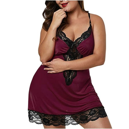 Plus Size Nightdress for Women Sexy Satin Chemise Lace Trim Negligee Hollow Out Babydoll Backless Nighty See Through Nightgown Erotic Lingerie Sling Pyjama